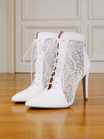 Women's Mesh Booties Ankle Lace Stiletto White Heels with FashionChic