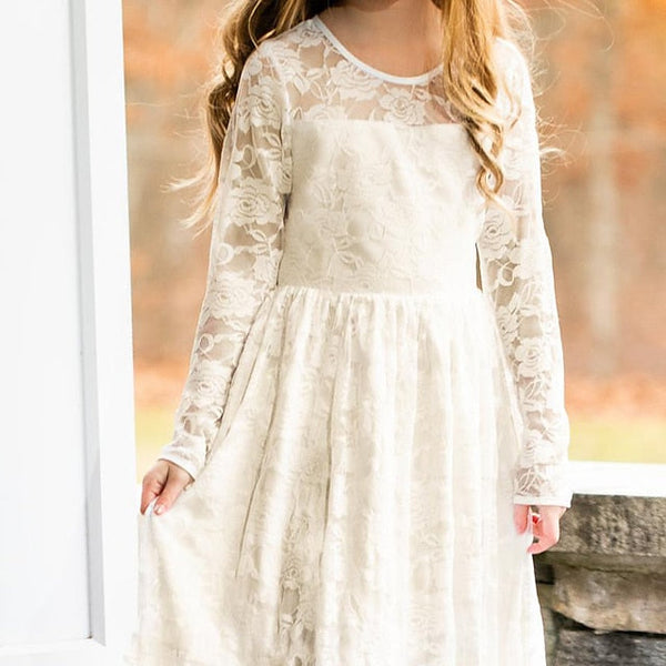 Girl Flower Colored Dress Girls' Long Kids Solid FashionChic