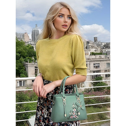 Faux Women's Handbag Embroidery Floral with Leather Green FashionChic
