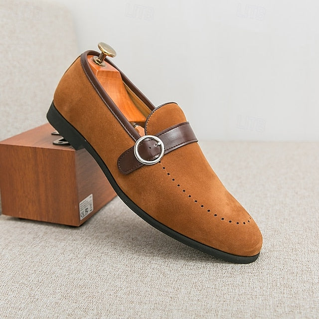 with Loafers Slip-On Suede Buckle Strap Brown Men's Faux FashionChic