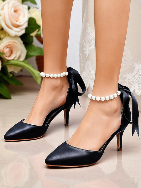 Ankle Pumps Heel Strap - Bow Women's Pearl Kitten Blue with FashionChic