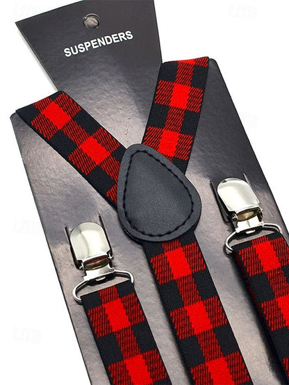 Men's Set Tie Plaid and Adjustable Suspender Bow Christmas FashionChic