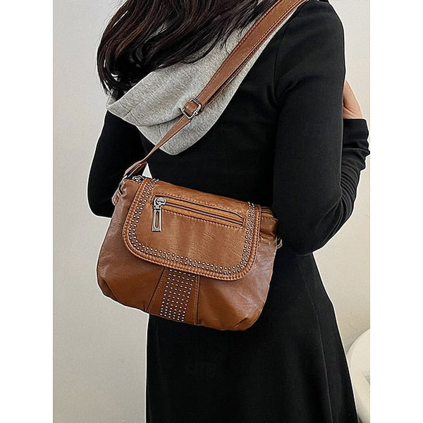 with Faux Bag Women's Leather Brown Crossbody Studded FashionChic