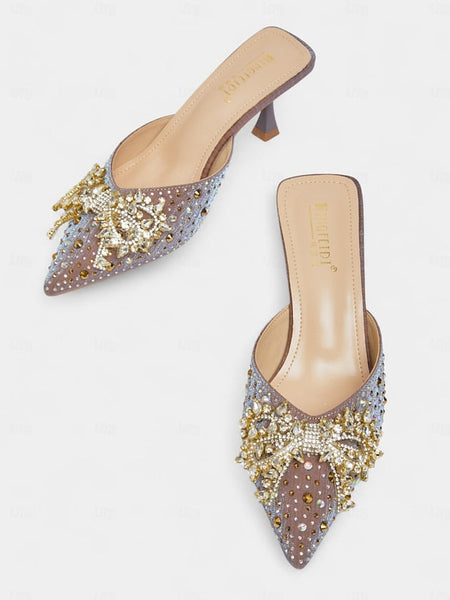 Slip-On Toe Glitter Pointed Rhinestone Mules - Women's FashionChic