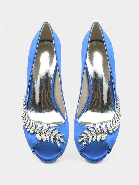 Peep-Toe Luxury – Embellishment Satin Crystal Blue with Heels FashionChic