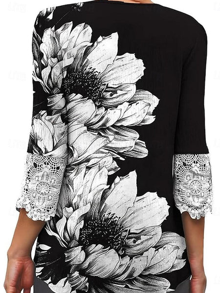 Women's Elegant Lace Tops Eyelet Blouse Casual Ombre Floral FashionChic