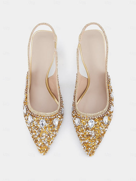 with Slingback Gold Rhinestone Heels Women's Pearl FashionChic