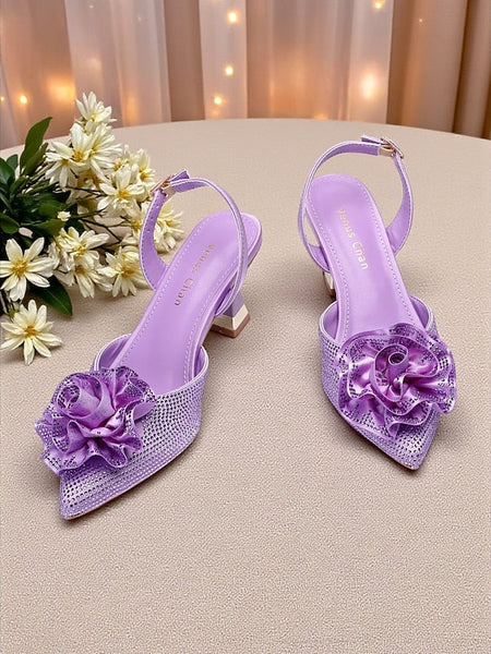 Women's Floral Heels Purple Slingback with Rhinestone FashionChic