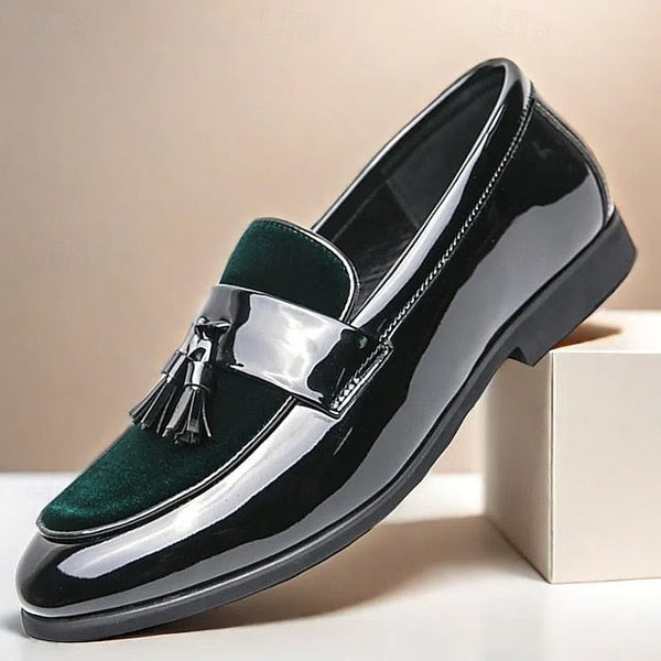 – Men's Black Faux Tassel Loafers Leather Patent Velvet FashionChic