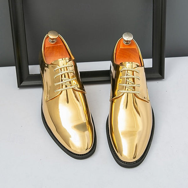 for Shiny Shoes Leather Men Sleek Gold – Patent Lace-Up FashionChic