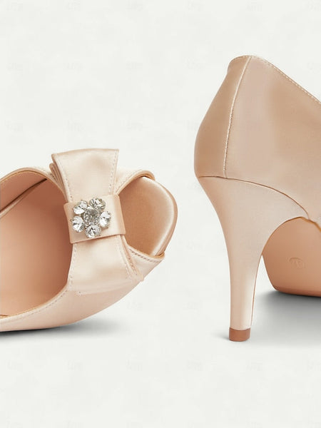 Peep Satin Heels Champagne with Toe and Women's Bow FashionChic