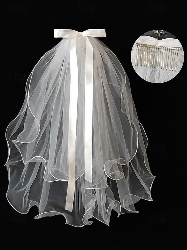 and Soft - Bridal Satin Tulle Ivory Ribbon with Veil Elegant FashionChic