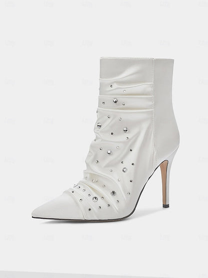 Boots with Satin Women's Ankle Rhinestone White FashionChic
