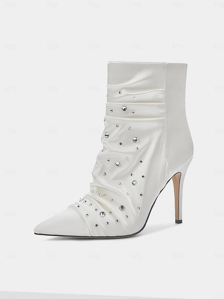 Boots with Satin Women's Ankle Rhinestone White FashionChic