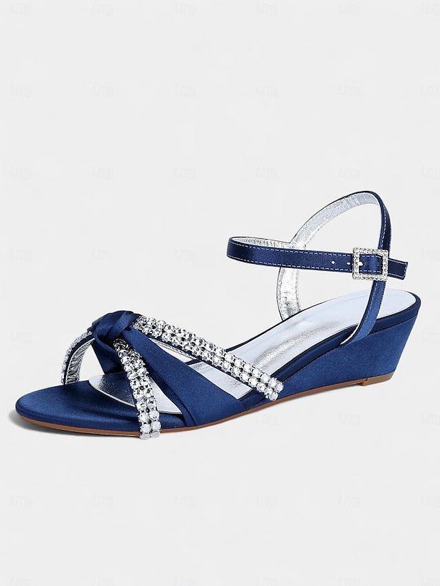 Knot Women's Rhinestone Wedge - Green Dress Satin Sandals FashionChic