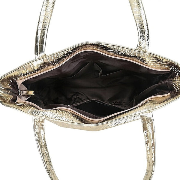 Bag Faux Large Tote Embossed Women's Croc Silver | Capacity FashionChic