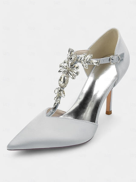 Satin Heels – Blue Pointed Toe T-Strap Women's Navy FashionChic