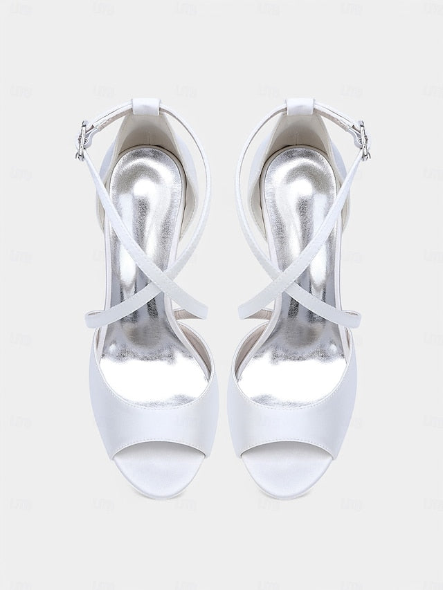 Elegant Heels Peep-Toe Women's White – Satin Cross-Strap FashionChic