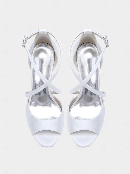 Elegant Heels Peep-Toe Women's White – Satin Cross-Strap FashionChic