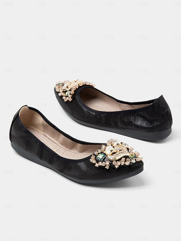 Women's with Black Flats Ballet Rhinestone Foldable FashionChic