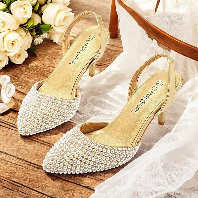 with Pearl Women's Slingback Embellishments White – Heels FashionChic