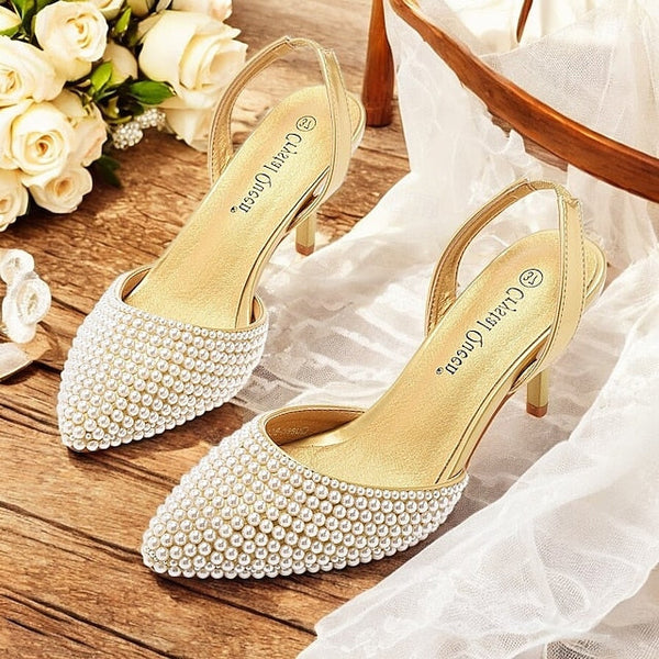 with Pearl Women's Slingback Embellishments White – Heels FashionChic