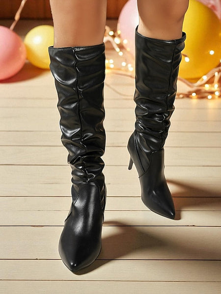 Knee Pointed Faux - Boots Leather High Women's Toe Brown FashionChic