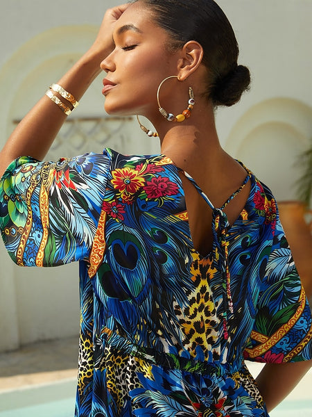 Vacation Feather Leopard Motif Straight Fit Satin Short Dress