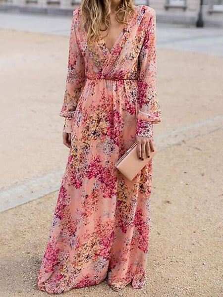 Women's Swing Dress Maxi long Dress Pink Long Sleeve Floral