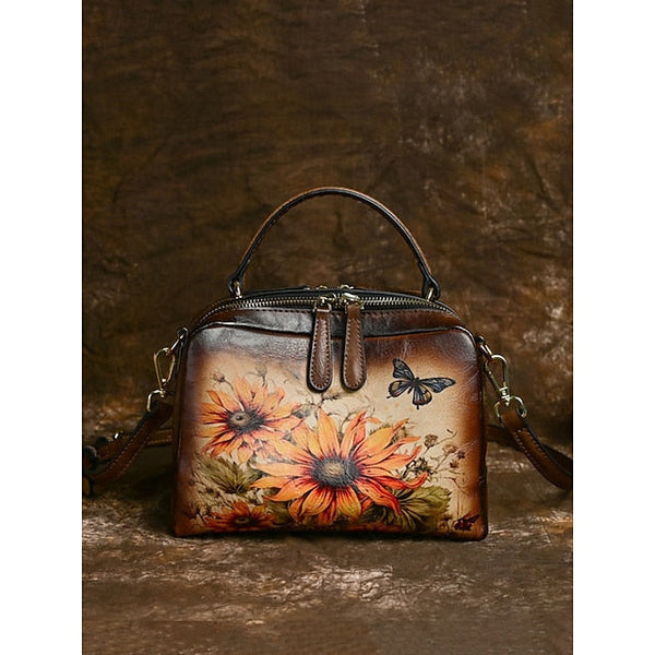 – Sunflower Print Vintage with Handbag Leather and Butterfly FashionChic