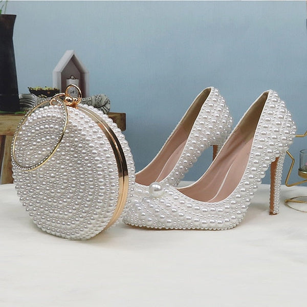 Pearl-Embellished Set Pearl White Stiletto Purse Round and Heels FashionChic