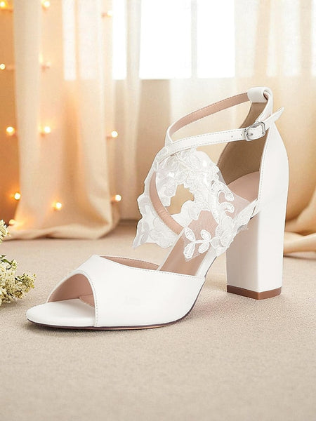 - Lace Sandals Heel with Women's Block Ankle Strap White FashionChic