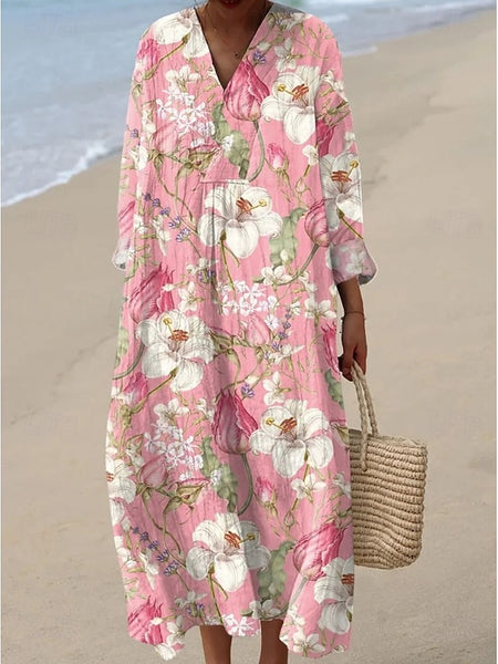 Women's Midi Dress V Neck Long Sleeve Kaftan Lightweight