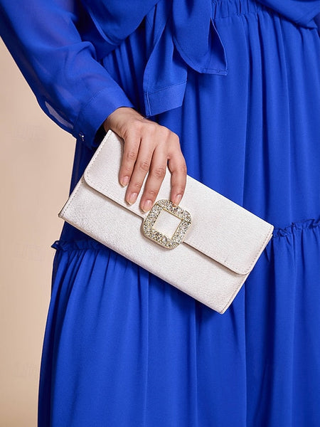 Elegant Buckle Rhinestone Women's Satin - White Clutch with FashionChic