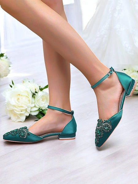 Flats – Green Embellished Vintage Gemstone Pointed-Toe Style FashionChic