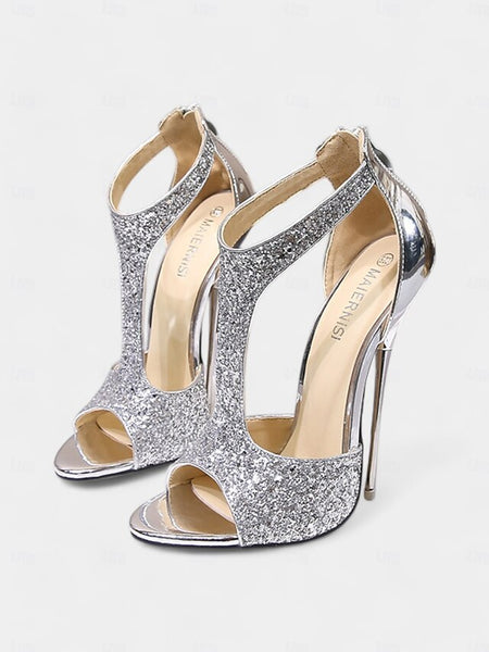 Glitter Stiletto Gold for with Toe Heels T-Strap and Design Open FashionChic
