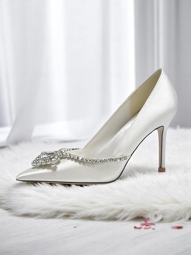 with Women's Heels Satin Crystal White Wedding Toe Pointed FashionChic