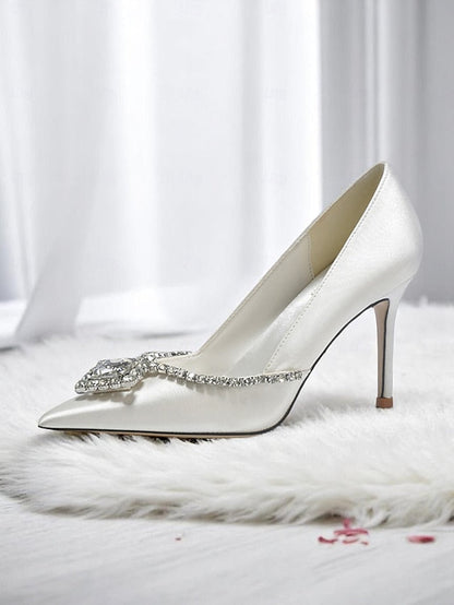 with Women's Heels Satin Crystal White Wedding Toe Pointed FashionChic