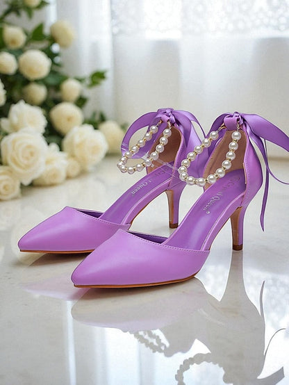 Ankle Pumps Heel Strap - Bow Women's Pearl Kitten Blue with FashionChic