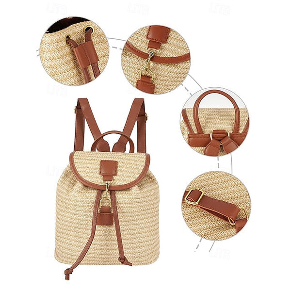 Straw Rattan Women with Bag Woven – Boho for Backpack Travel FashionChic