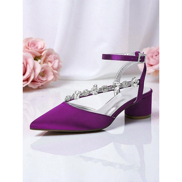 Purple Heel Pumps Women's Satin Block with Rhinestone FashionChic
