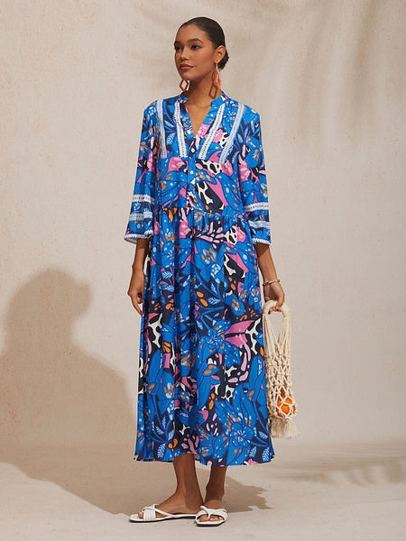 Vacation Abstract Color Dot Floral Loose fit Satin Maxi Dress FashionChic