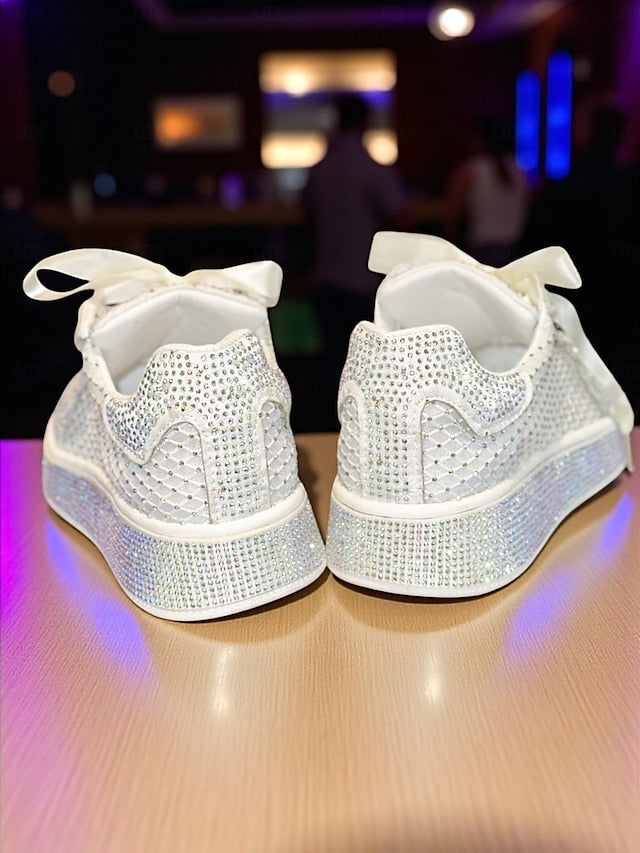 with Satin Laces Rhinestone Women's Sneakers Ribbon White FashionChic