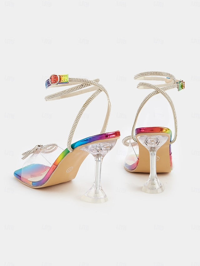 Rainbow Heels Colorful Detail - Heel with Bow Clear High Crystal FashionChic