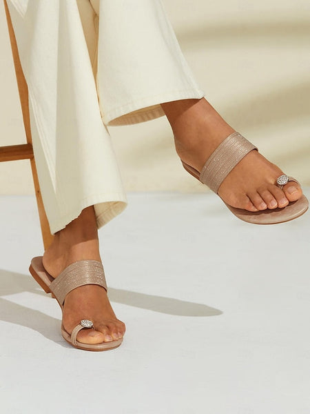 Flat with Women's Champagne Sandals Rhinestone Heel Slip-On FashionChic