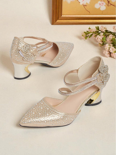 Glitter Rhinestone Low Heel Women's Toe Pointed Ankle Strap FashionChic