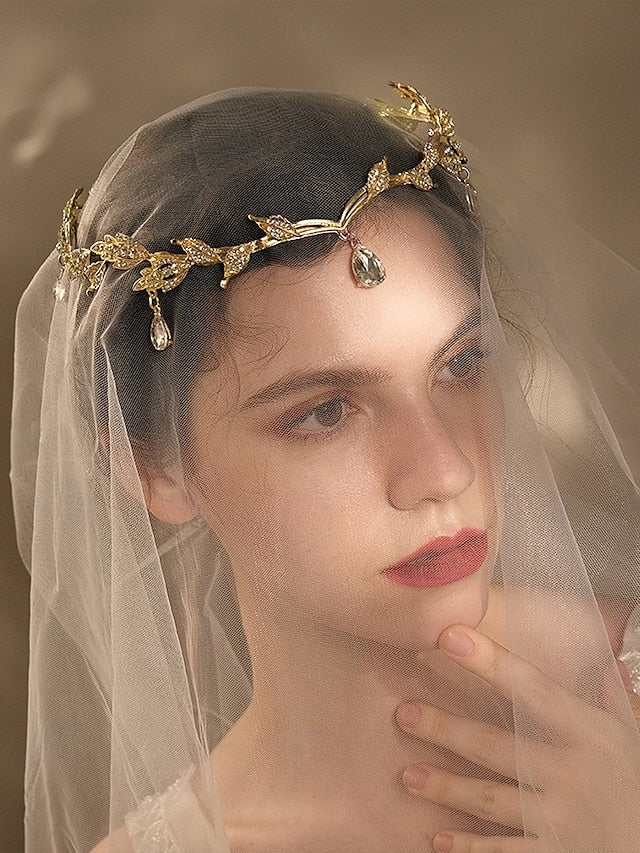 with Gold Vintage Drops Headpiece – Gemstone Blue Leaf FashionChic