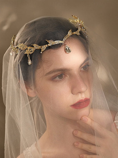 with Gold Vintage Drops Headpiece – Gemstone Blue Leaf FashionChic