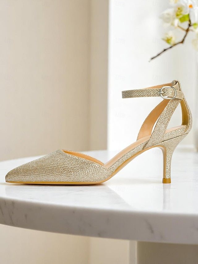 Gold Glitter Ankle Heels Strap Women's FashionChic