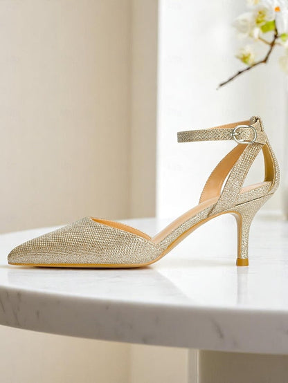 Gold Glitter Ankle Heels Strap Women's FashionChic
